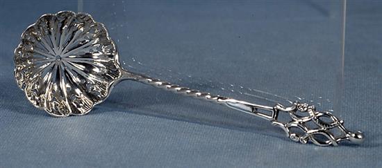 An early Victorian silver fiddle pattern sifter spoon, by John Harris IV & 2 others, 111 grams.